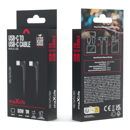 Cabo de carregamento e dados USB-C - USB-C MaXlife MXUC-09 MXUC-09 Angular, 60W, 1m, Preto 