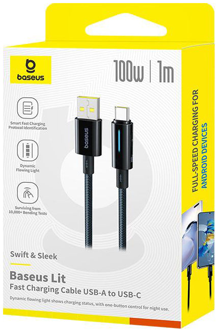Cabo de Dados e Carregamento USB-A - USB-C Baseus Lit Button Control, 100W, 1m, Preto P10379002121-00