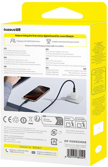 Cabo de Dados e Carregamento USB-C - USB-C Baseus Lit Button Control, 100W, 1m, Preto P10379000121-00