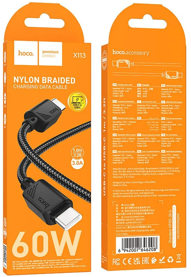 Cabo de Dados e Carregamento USB-C - USB-C HOCO X113, 60W, 1m, Preto