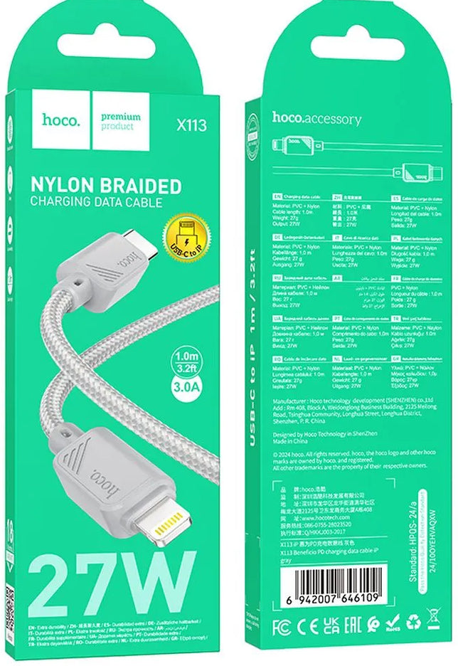 Cabo de Dados e Carregamento USB-C - Lightning HOCO X113, 27W, 1m, Cinzento