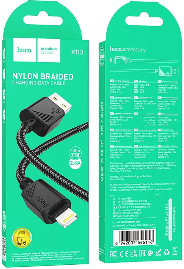 Cabo de Dados e Carregamento USB-A - Lightning HOCO X113, 18W, 1m, Preto