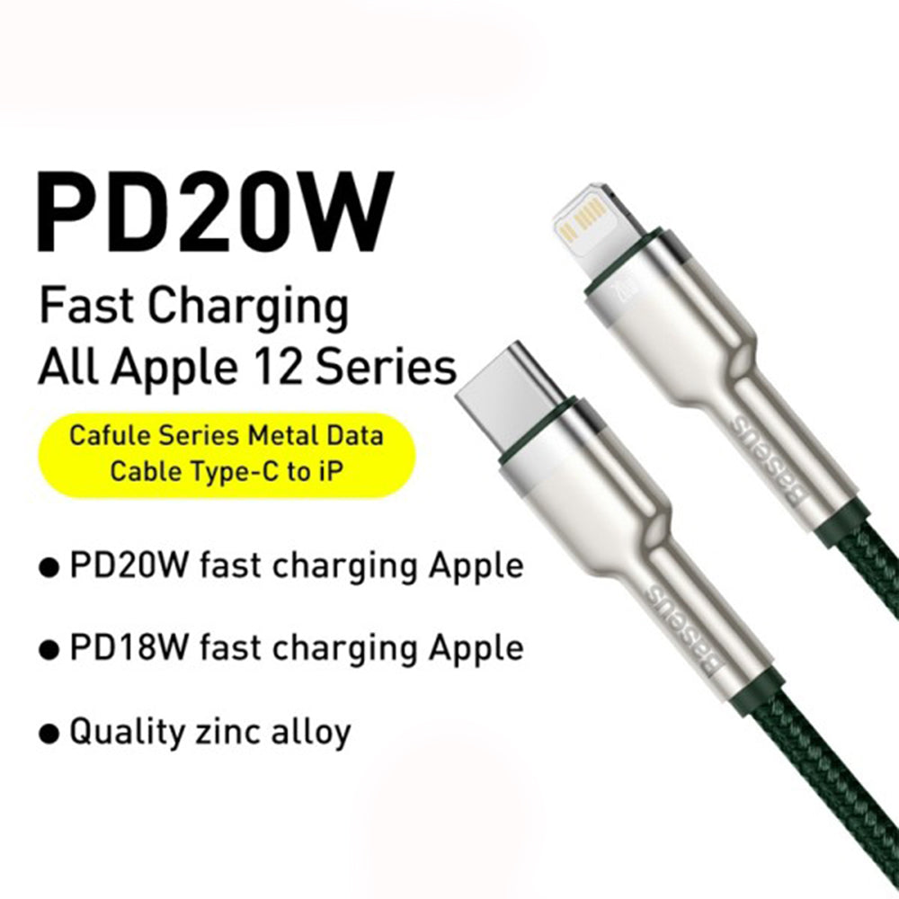 Cabo de Dados e Carregamento USB-C - Lightning Baseus Cafule Metal Series, 20W, 2m, Verde CATLJK-B06