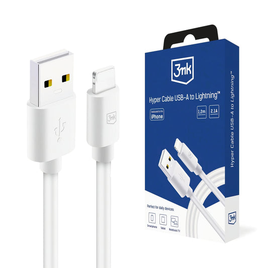 Cabo de Dados e Carregamento USB-A - Lightning 3MK Hyper, 12W, 1.2m, Branco
