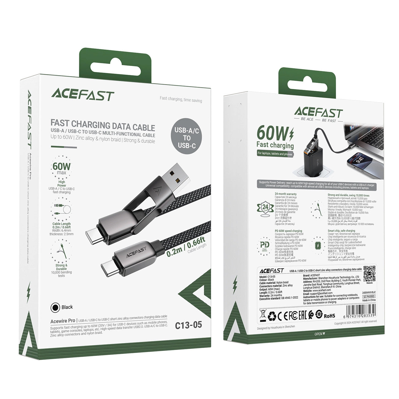 Cabo de Dados e Carregamento USB-C - USB-A / USB-C Acefast C13-05, 60W, 0.2m, Preto