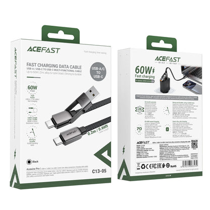 Cabo de Dados e Carregamento USB-C - USB-A / USB-C Acefast C13-05, 60W, 0.2m, Preto