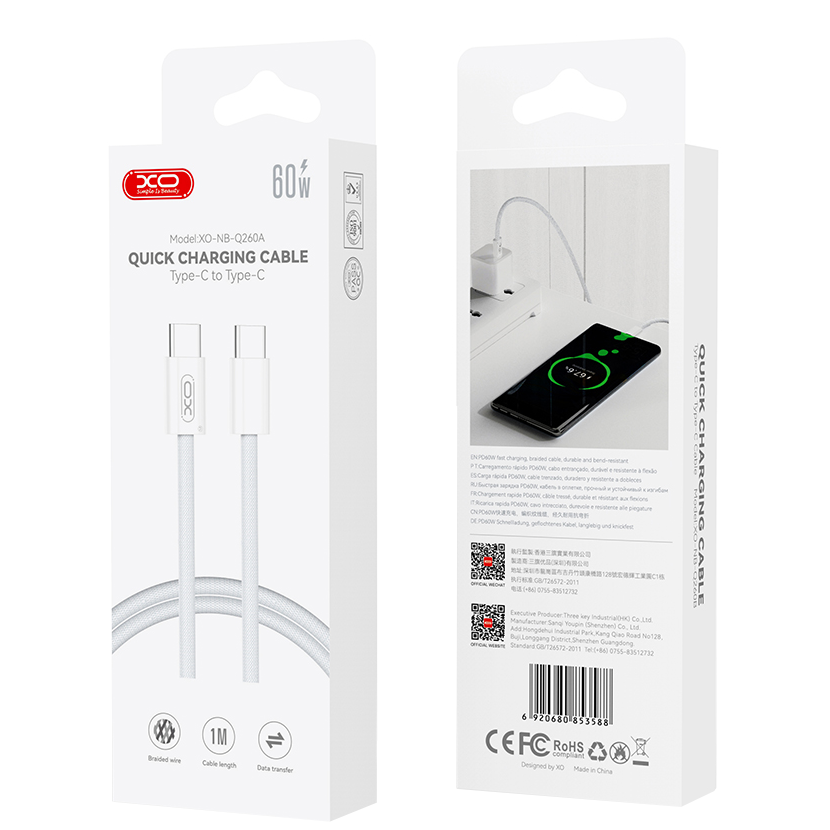Cabo de Dados e Carregamento USB-C - USB-C XO Design NB-Q260A, 60W, 1m, Branco