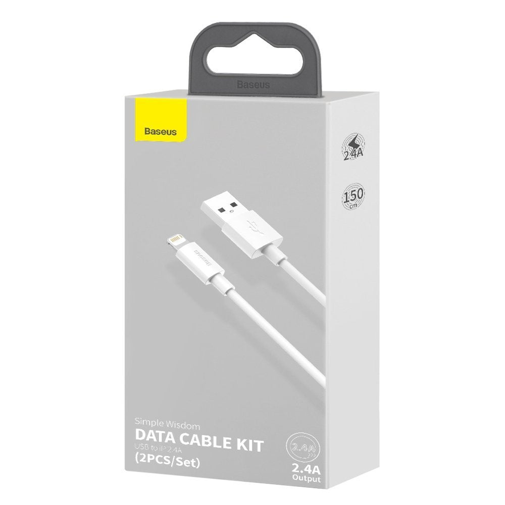 Cabo de carregamento e dados USB-A - Lightning Baseus Simple Wisdom, 18W, 1,5m, Conjunto 2 peças, Branco TZCALZJ-02