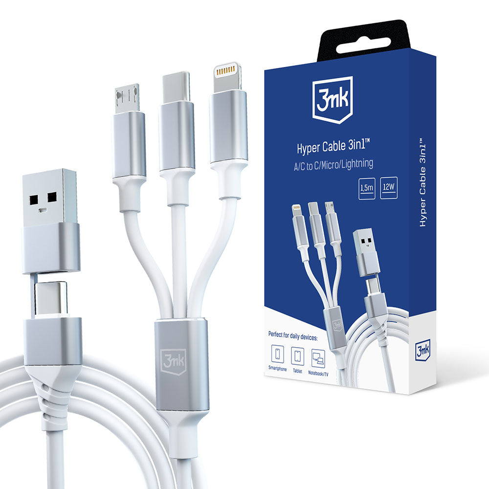 Cabo de carregamento USB-A / USB-C - Lightning / microUSB / USB-C 3MK Hyper 3in1, 12W, 1,5 m, branco 