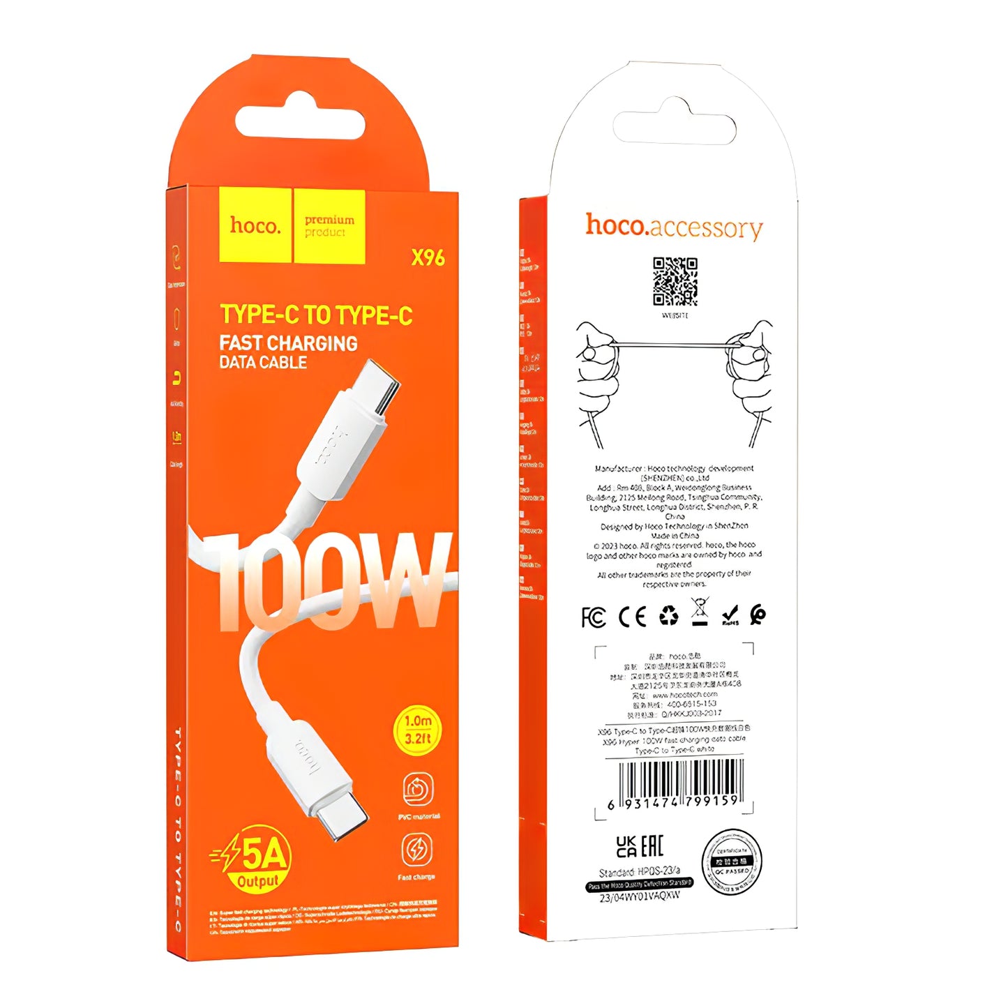 Cabo de Dados e Carregamento USB-C - USB-C HOCO X96, 100W, 1m, Branco