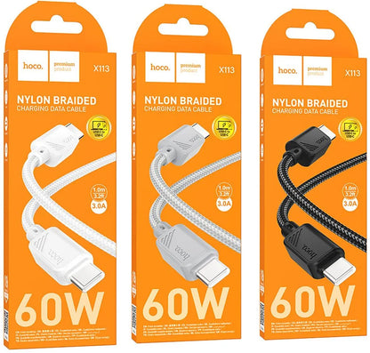 Cabo de Dados e Carregamento USB-C - USB-C HOCO X113, 60W, 1m, Preto