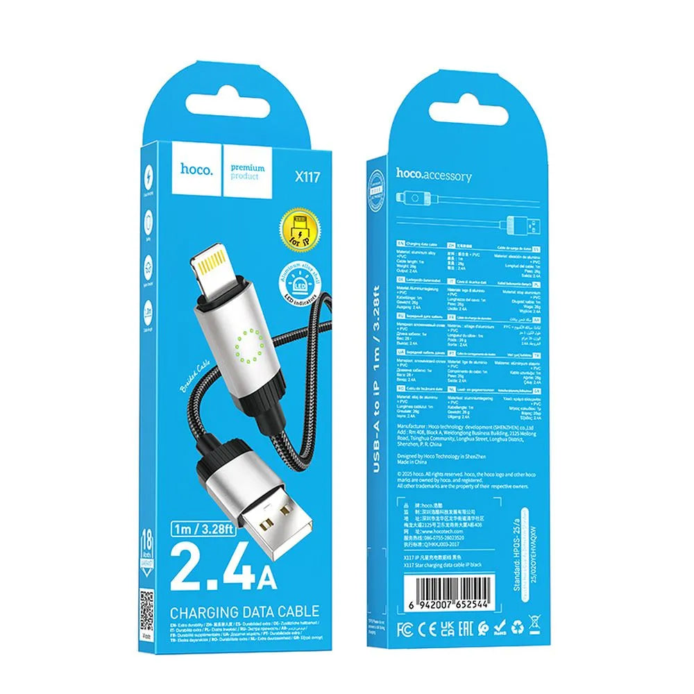 Cabo de Dados e Carregamento USB-A - Lightning HOCO X117, 18W, 1m, Preto