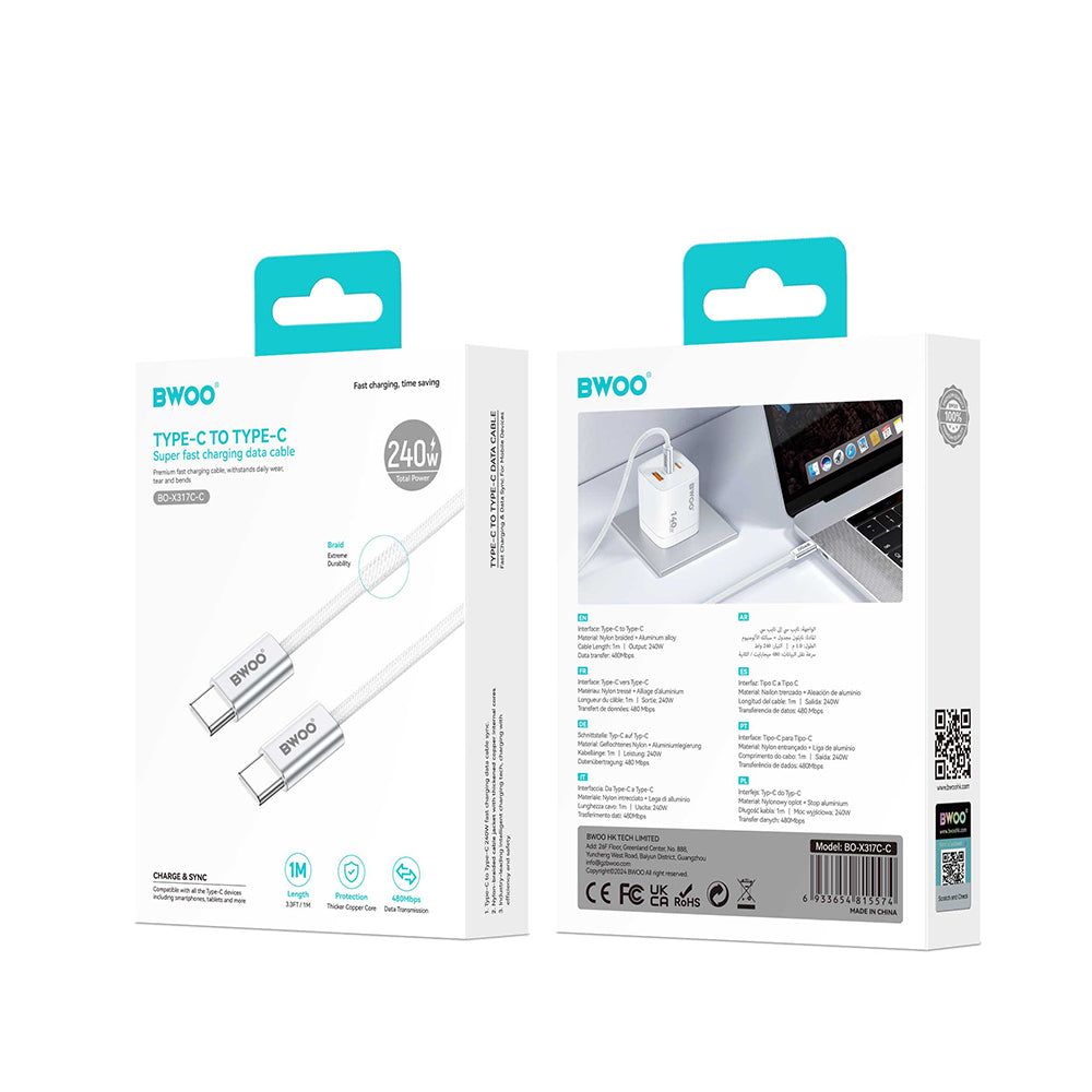 Cabo de Dados e Carregamento USB-C - USB-C BWOO BO-X317C, 240W, 1m, Branco
