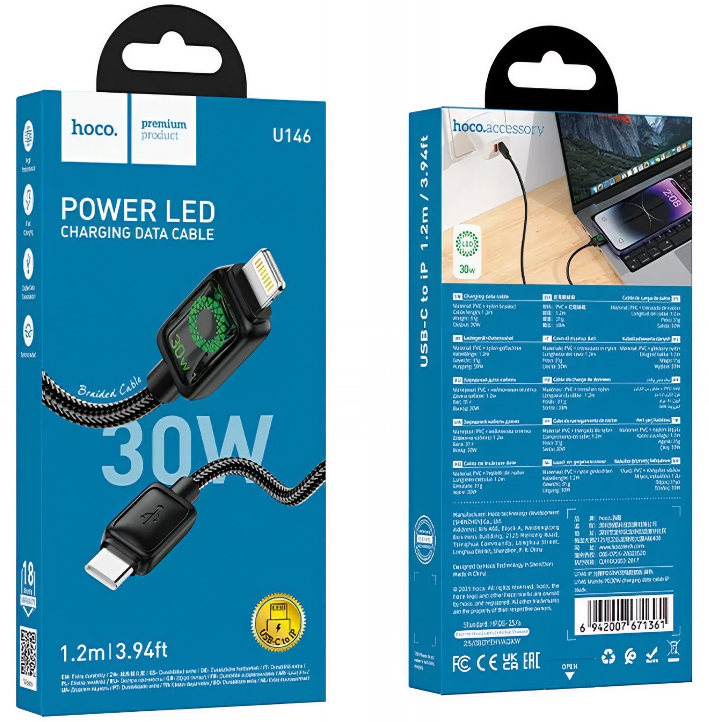 Cabo de Dados e Carregamento USB-C - Lightning HOCO U146, 30W, 1.2m, Preto