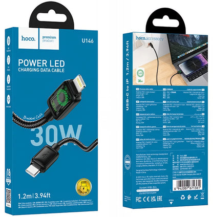Cabo de Dados e Carregamento USB-C - Lightning HOCO U146, 30W, 1.2m, Preto