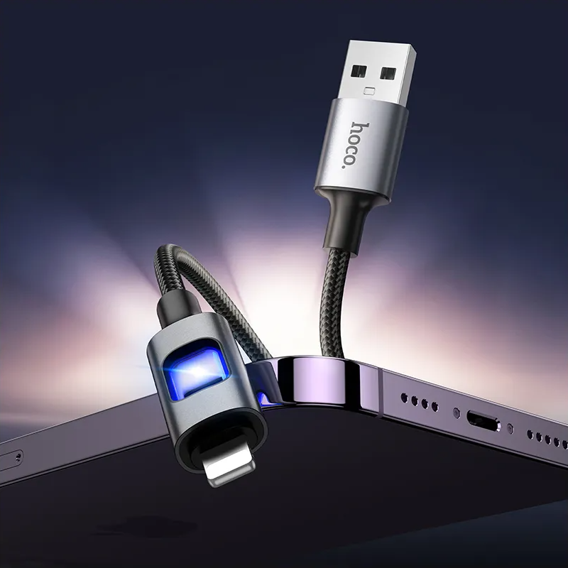 Cabo de Dados e Carregamento USB-A - Lightning HOCO U144 Led, 18W, 1.2m, Preto
