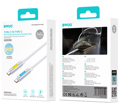 Cabo de Dados e Carregamento USB-C - USB-C BWOO X325C-C Led, 240W, 1,2m, Branco