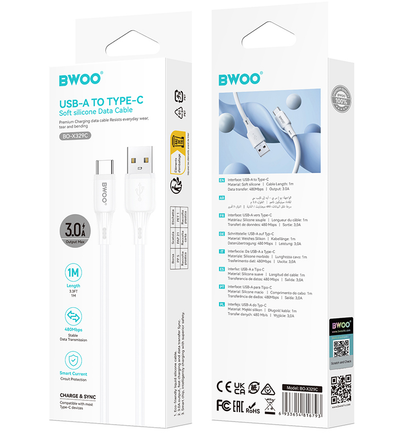 Cabo de Dados e Carregamento USB-A - USB-C BWOO X329C, 18W, 1m, Branco