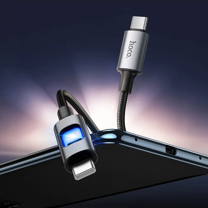 Cabo de Dados e Carregamento USB-C - USB-C HOCO U144 Led, 60W, 1,2m, Preto