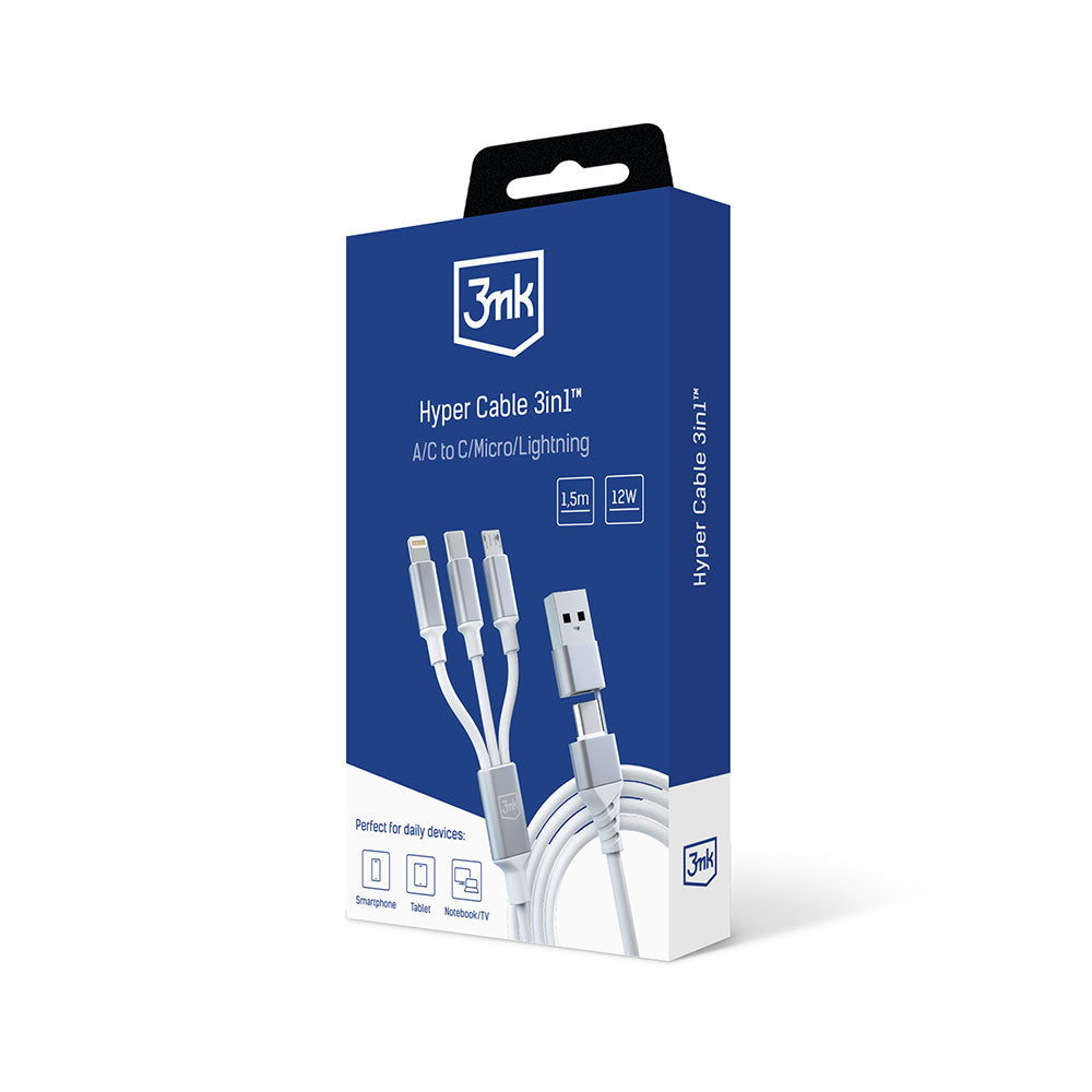 Cabo de Carregamento USB-A / USB-C - Lightning / microUSB / USB-C 3MK Hyper 3in1, 12W, 1.5m, Branco