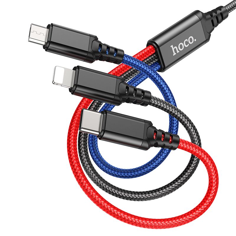 Cabo de Carregamento USB-A - Lightning / microUSB / USB-C HOCO X76 3em1, 18W, 1m, Multicolor