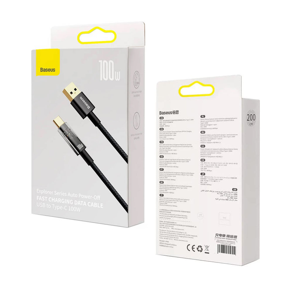 Cabo de Dados e Carregamento USB-A - USB-C Baseus Explorer, 100W, 2m, Preto CATS000301
