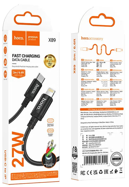 Cabo de Dados e Carregamento USB-C - Lightning HOCO X89, 27W, 2m, Preto