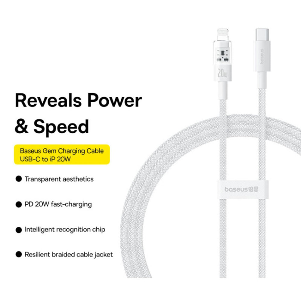 Cabo de Dados e Carregamento USB-C - Lightning Baseus Gem, 20W, 1m, Branco P10373001211-00
