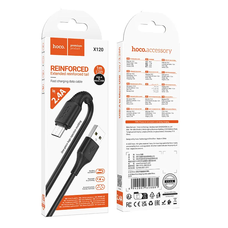 Cabo de Dados e Carregamento USB-A - microUSB HOCO X120, 18W, 1m, Preto