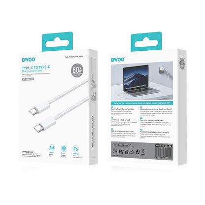 Cabo de Dados e Carregamento USB-C - USB-C BWOO BO-X284, 60W, 2m, Branco