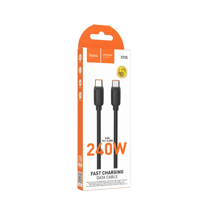 Cabo de Dados e Carregamento USB-C - USB-C HOCO X115, 240W, 1m, Preto