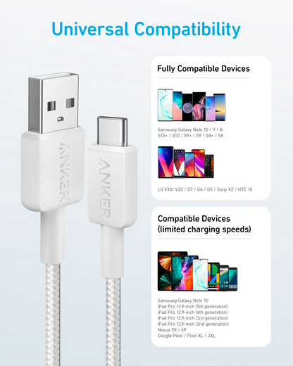 Cabo de Dados e Carregamento USB-A - USB-C Anker 322, 18W, 1.8m, Branco A81H6G21