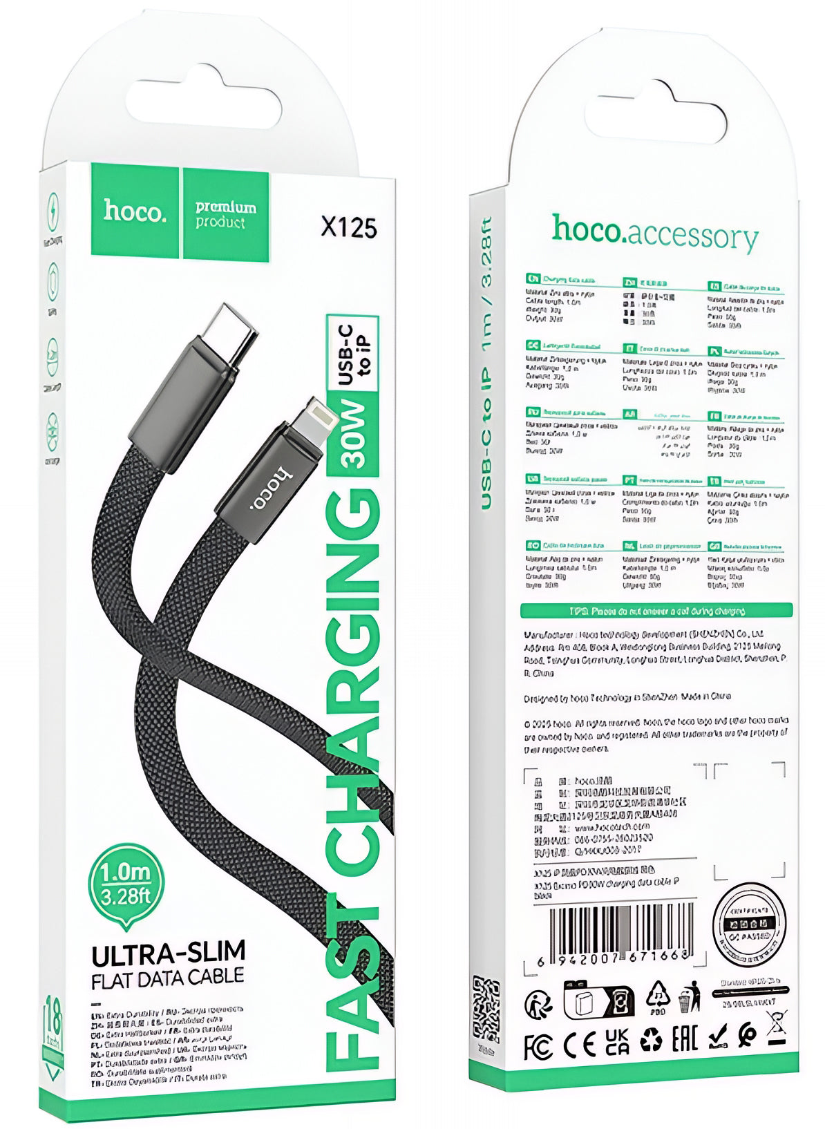 Cabo de Dados e Carregamento USB-C - Lightning HOCO X125, 30W, 1m, Preto