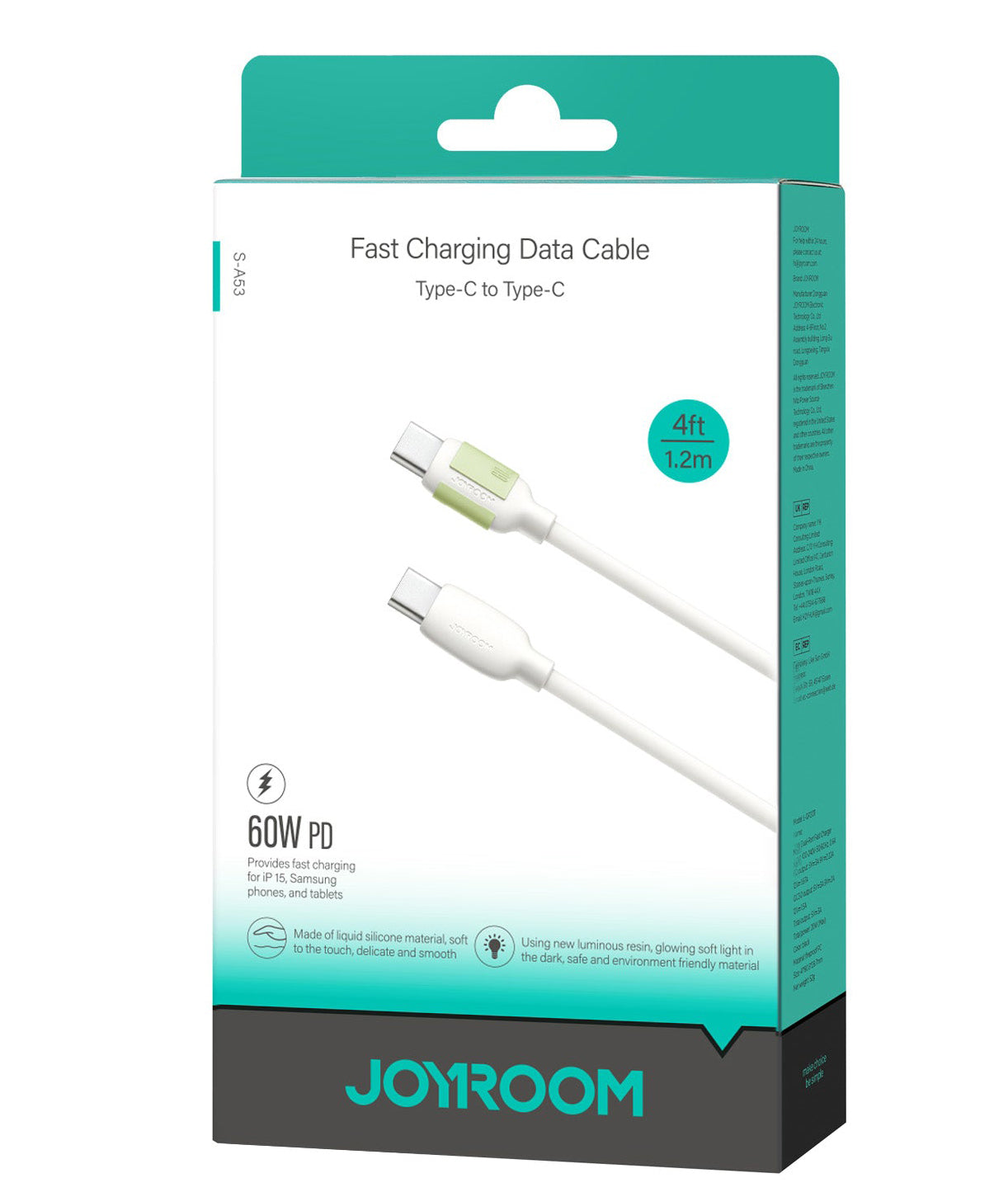 Cabo de Dados e Carregamento USB-C - USB-C Joyroom S-A53, 60W, 1.2m, Bege