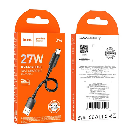 Cabo de Dados e Carregamento USB-A - USB-C HOCO X96, 27W, 0.25m, Preto
