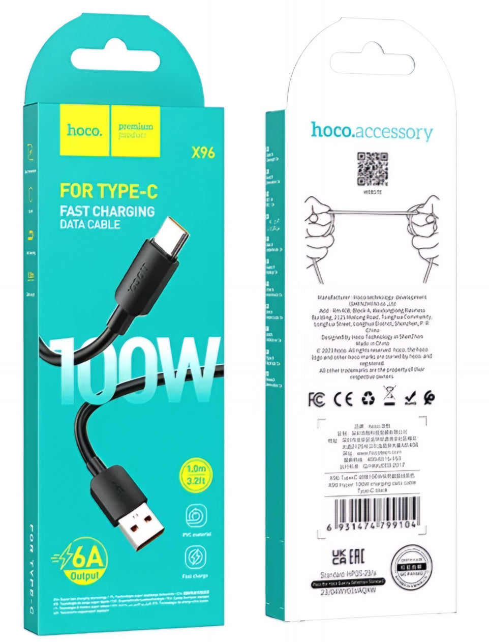 Cabo de carregamento e dados USB-A - USB-C HOCO X96, 100W, 1m, preto 