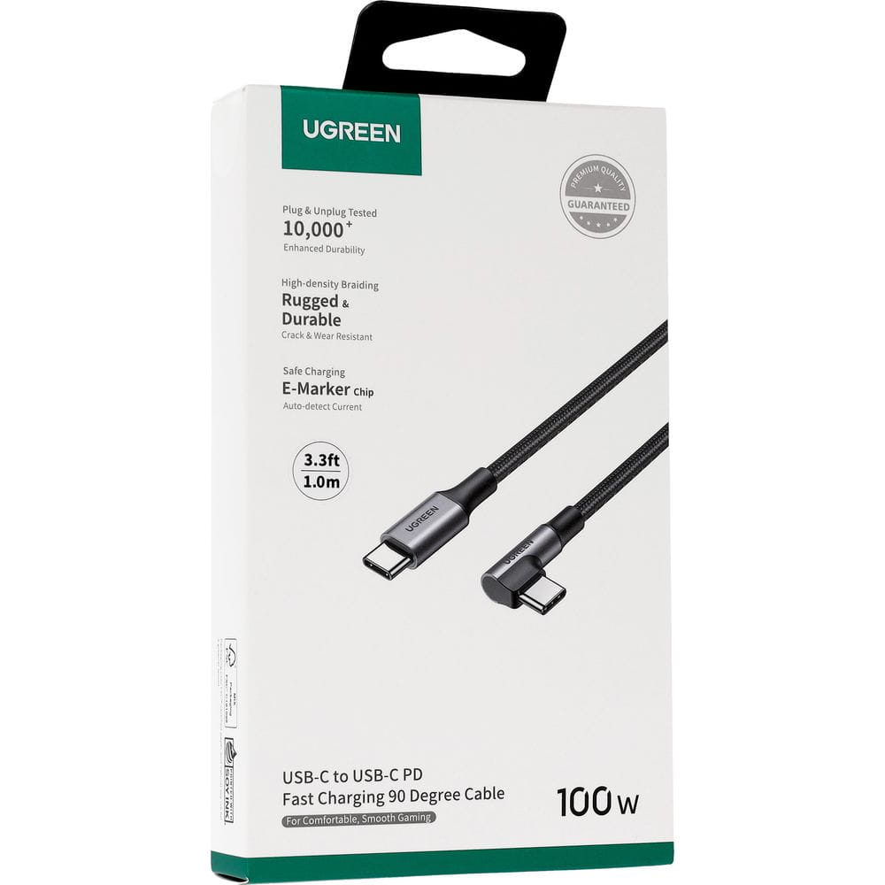 Cabo de Dados e Carregamento USB-C - USB-C UGREEN US334 Angulado, 100W, 1m, Preto