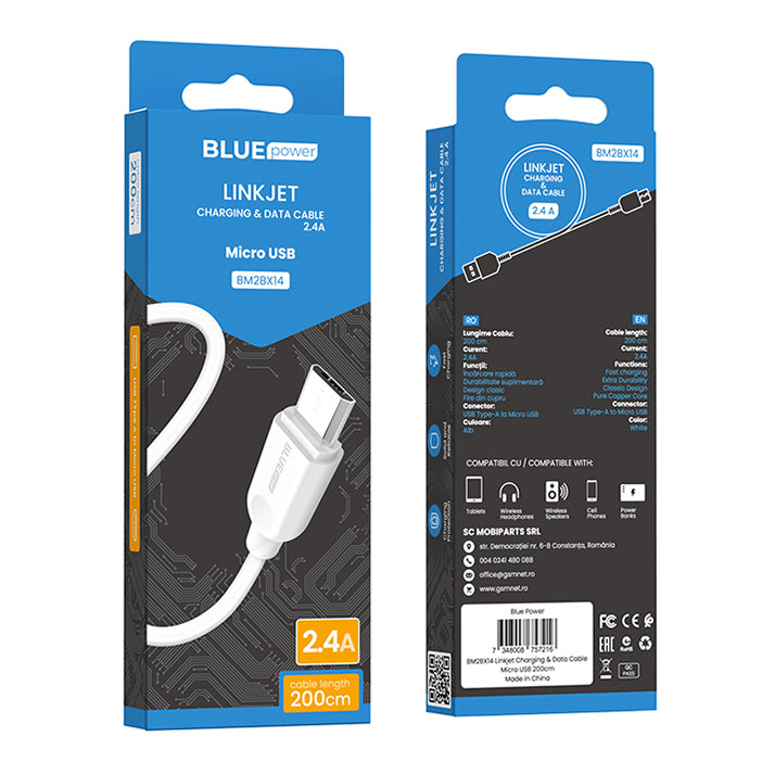 Cabo de carregamento e dados USB-A para microUSB BLUE Power BM2BX14 LinkJet, 18W, 2m, branco