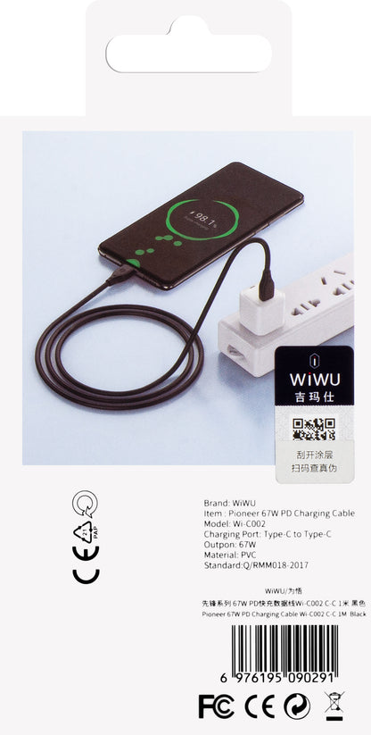 Cabo de carregamento e dados USB-C - USB-C WiWu Wi-C002, 67W, 1m, Preto 