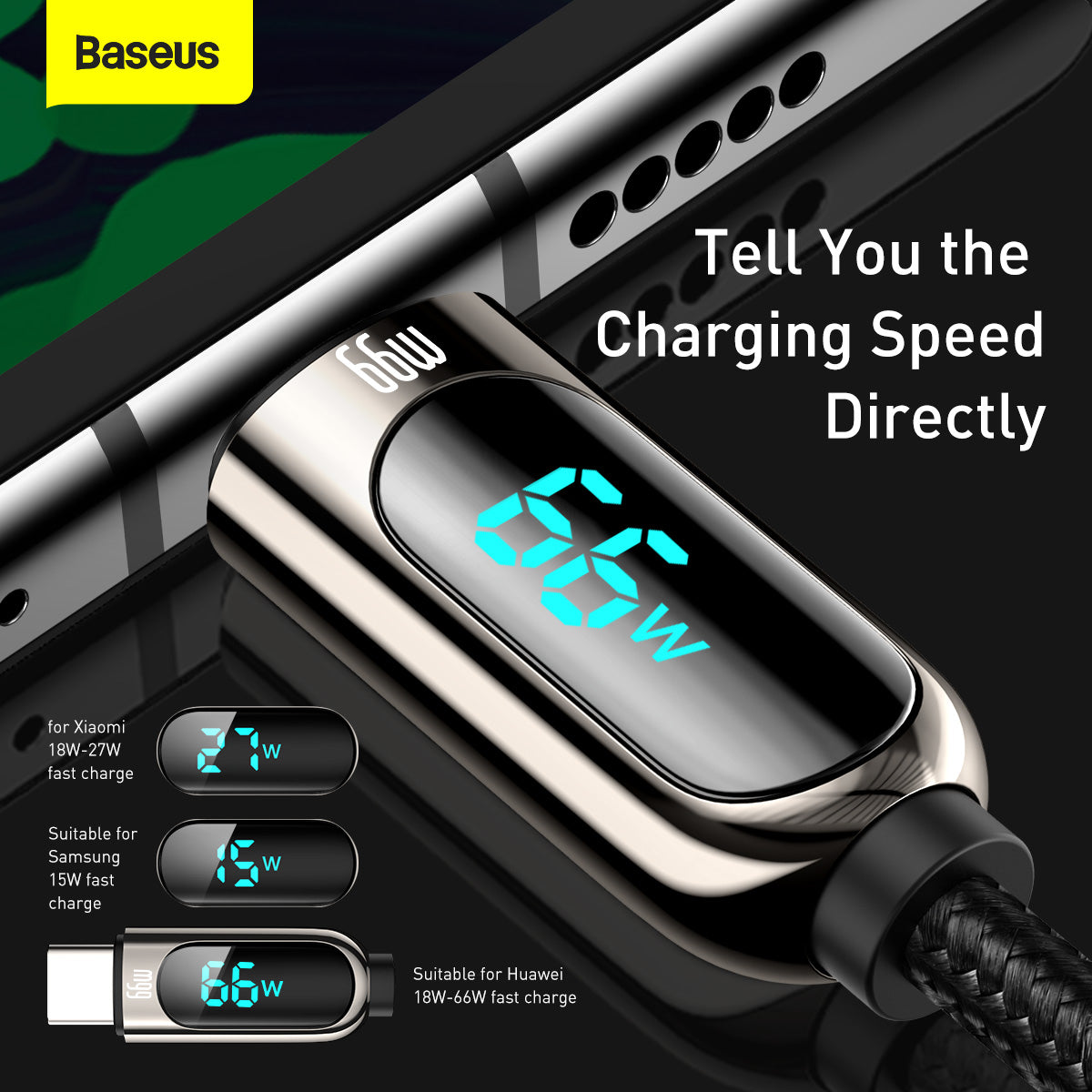 Cabo de Dados e Carregamento USB-A - USB-C Baseus Display, 66W, 2m, Preto CASX020101
