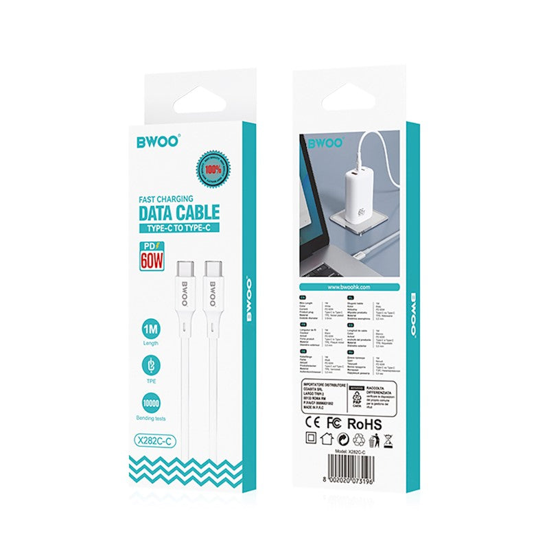 Cabo de Dados e Carregamento USB-C - USB-C BWOO X282, 60W, 1m, Branco