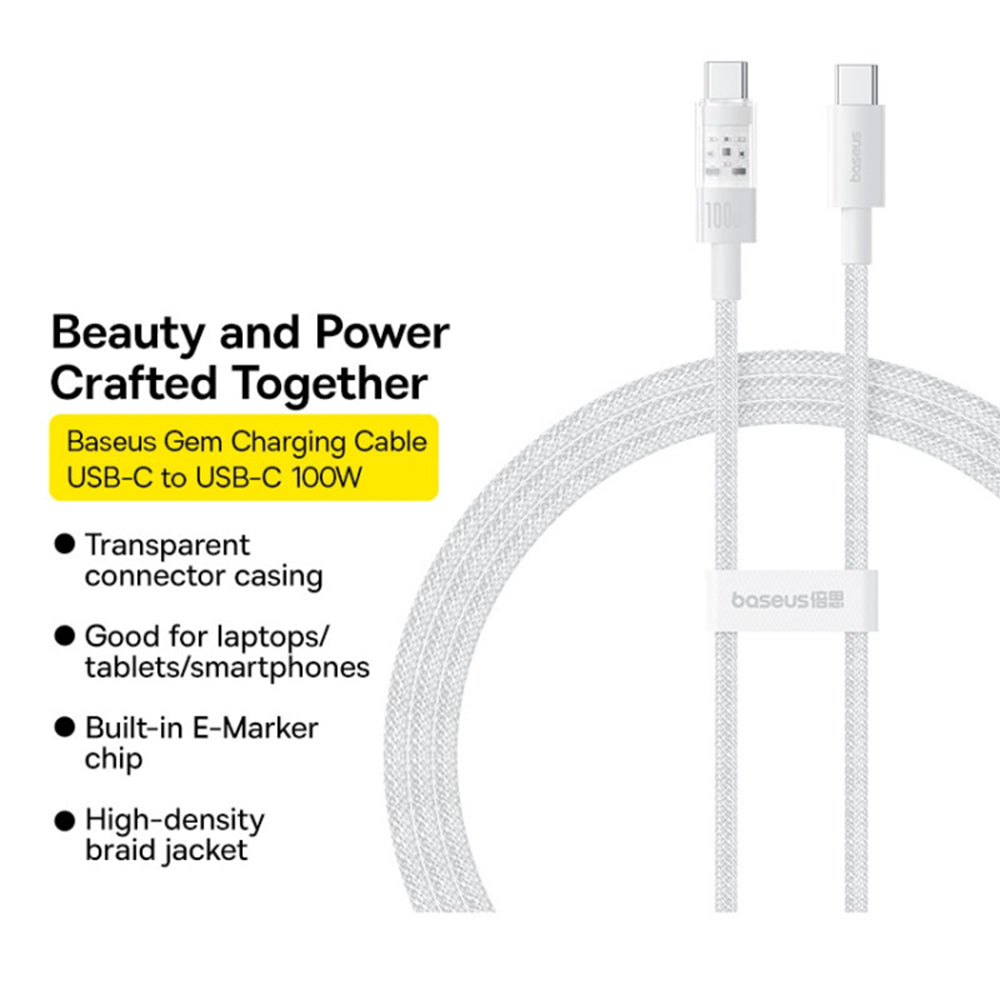 Cabo de Dados e Carregamento USB-C - USB-C Baseus Gem, 100W, 2m, Branco P10373000211-01