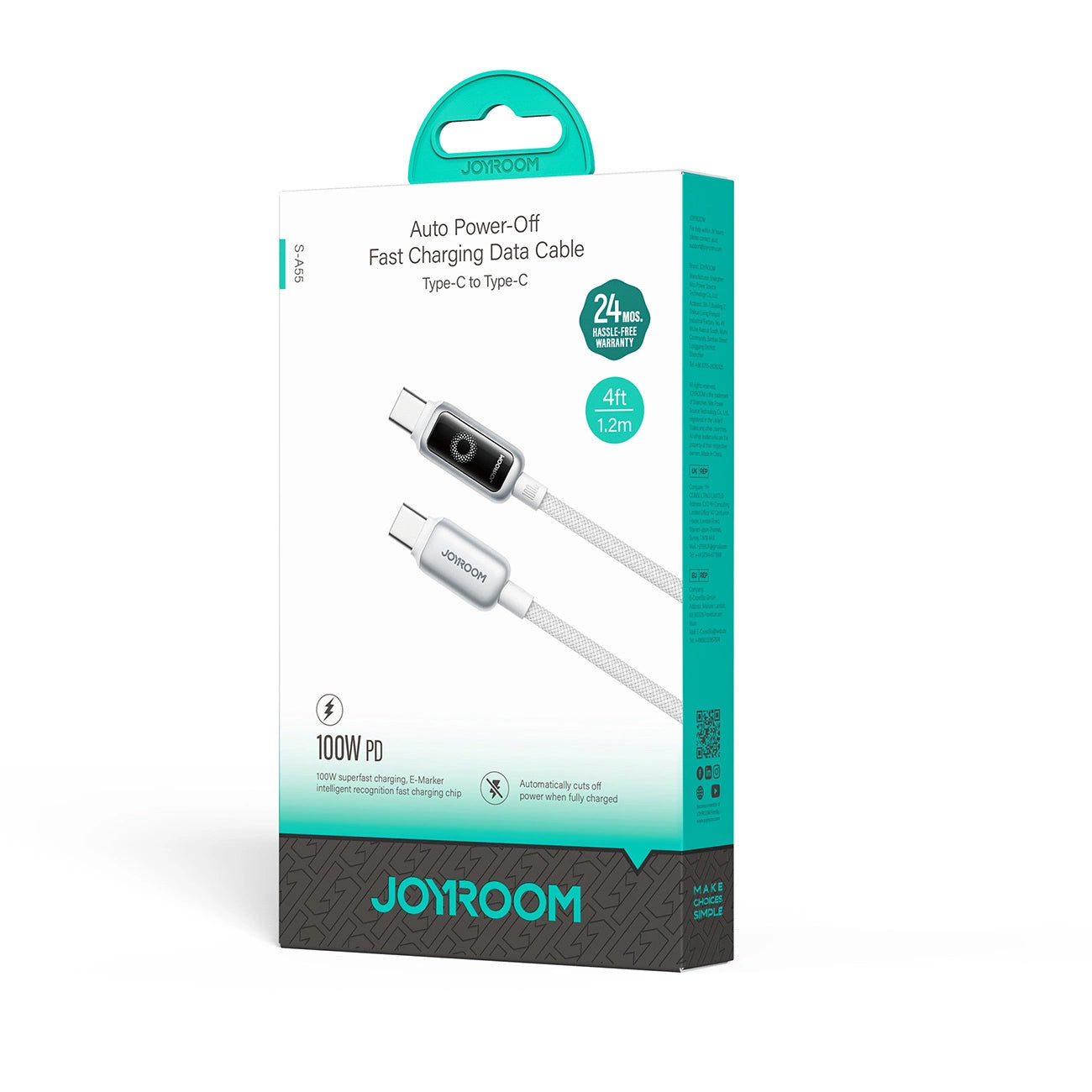 Cabo de Dados e Carregamento USB-C - USB-C Joyroom S-A55 StarFlight Display, 100W, 1.2m, Branco