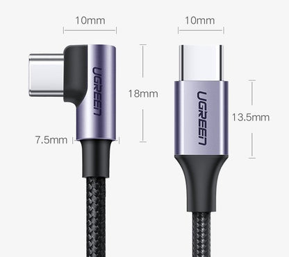 Cabo para carregamento e dados USB-C - USB-C UGREEN US255 USB-C angular, 60W, 1m, cinzento