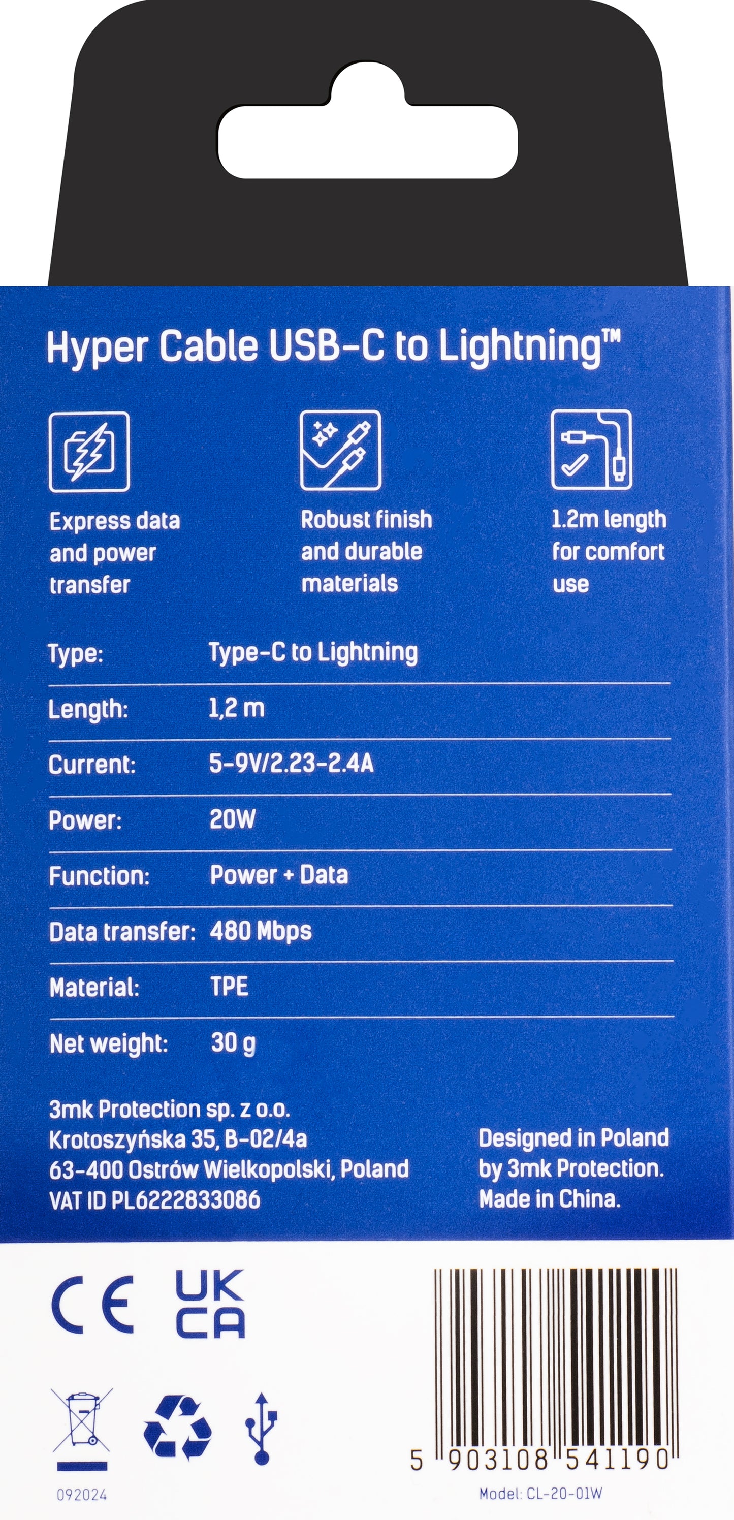 Cabo de carregamento e dados USB-C - Lightning 3MK Hyper, 20W, 1,2 m, branco 