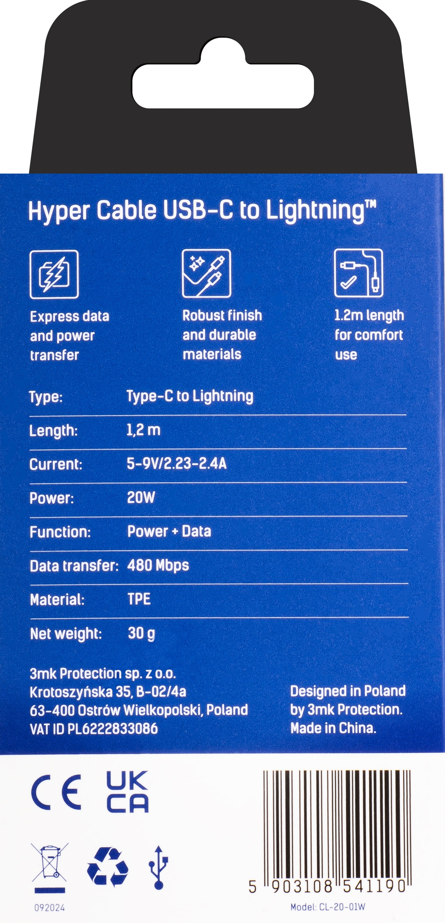 Cabo de Dados e Carregamento USB-C - Lightning 3MK Hyper, 20W, 1,2m, Branco