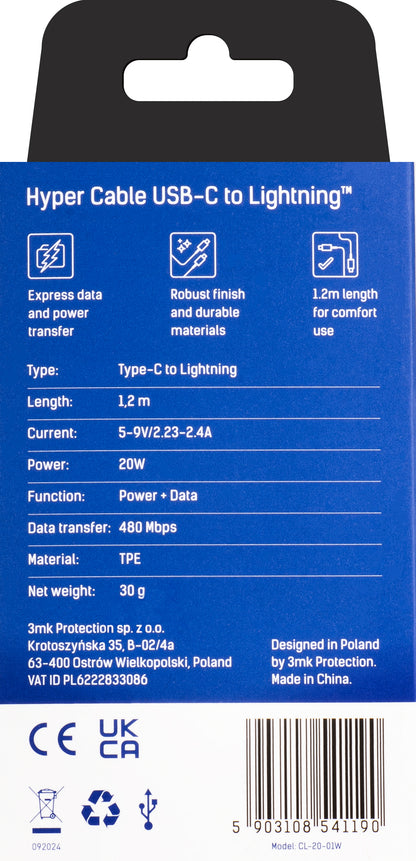 Cabo de Dados e Carregamento USB-C - Lightning 3MK Hyper, 20W, 1,2m, Branco