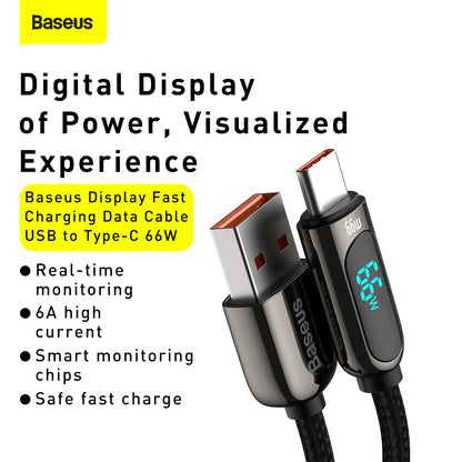 Cabo de Dados e Carregamento USB-A - USB-C Baseus Display, 66W, 2m, Preto CASX020101