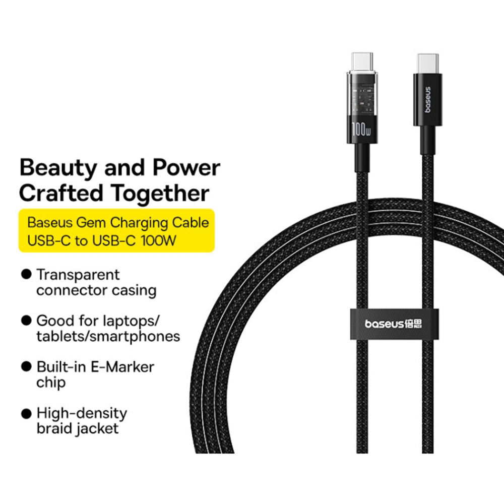 Cabo de Dados e Carregamento USB-C - USB-C Baseus Gem, 100W, 1m, Preto P10373000111-00
