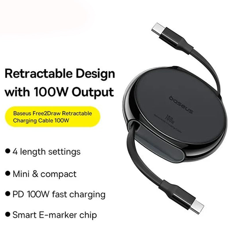 Cabo de Dados e Carregamento USB-C - USB-C Baseus Pathfinder Retractable, 100W, 1m, Preto P10368400111-00